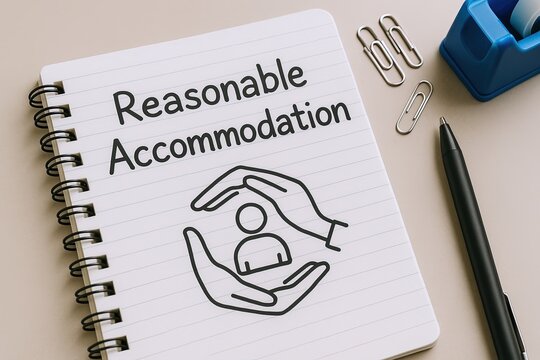 Notepad with the words Reasonable Accommodation and a supportive hand icon.