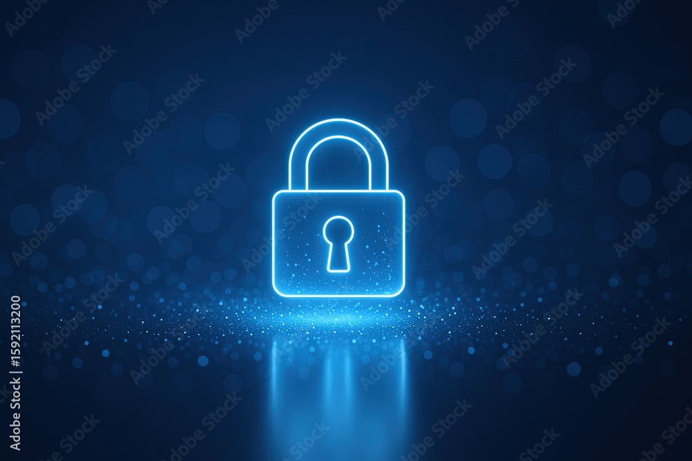 Poster neon glowing lock icon with digital particles symbolizing data security and protection.