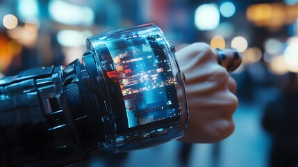 Futuristic Wristwatch: A sleek, futuristic wristwatch, displays complex data. In a cyberpunk-inspired scene with a blur urban backdrop.