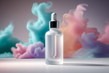 Sleek Serum Bottle Mockup: Luxurious Design on Dreamy Colorful Smoke Background.