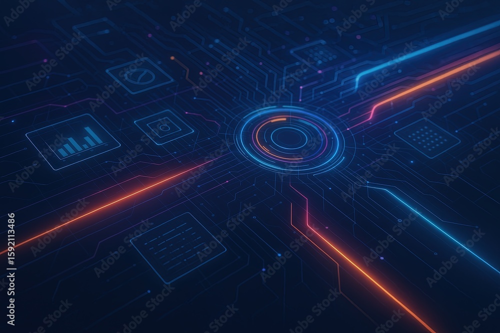 Poster futuristic digital technology background with glowing circuit lines and icons.