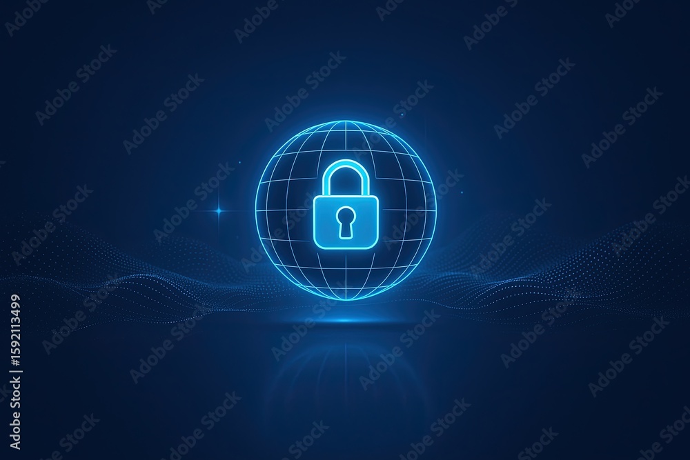 Poster high tech digital security concept with lock icon and futuristic globe design.