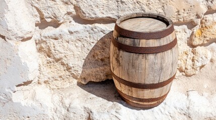 Fototapeta premium Wooden Barrel against Stone Wall: A rustic, weathered wooden barrel rests against a textured stone wall.