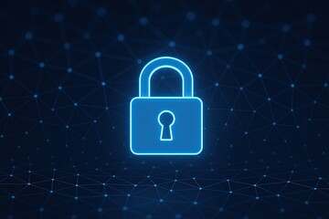 Neon glow padlock icon with digital network lines and points representing security.