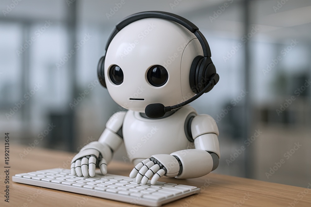 Poster friendly humanoid robot with headset and keyboard working in modern office.