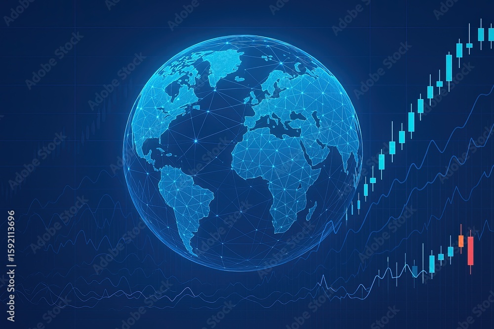 Poster digital earth globe with data connections and financial growth charts visualization.