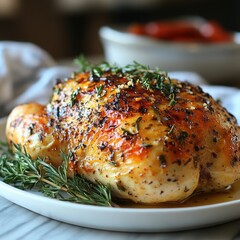 A close up shot of a roasted chicken garnished with herbs on a white plate on a marble surface