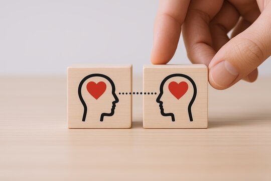 Illustration of Connection and Communication Between Two Minds with Red Heart Icons.