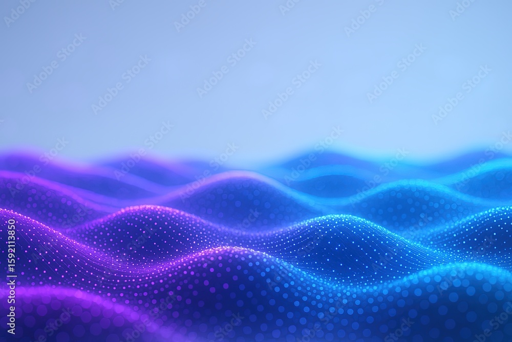 Poster abstract digital wave pattern with glowing colorful dots and flowing movement in vibrant purple and 