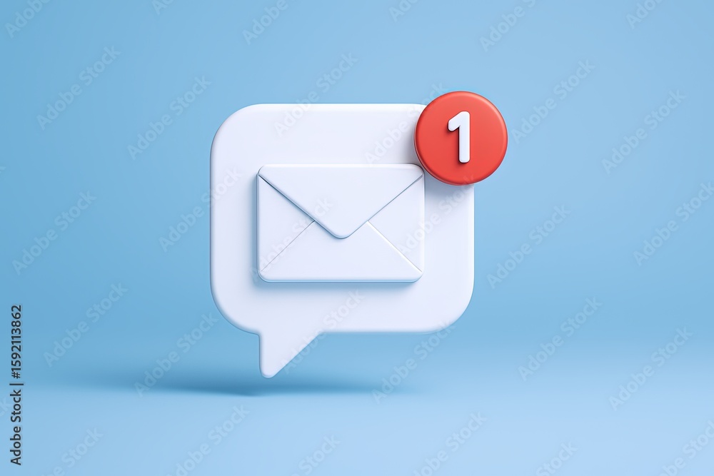 Poster modern email notification icon with speech bubble and red alert badge 3d illustration.