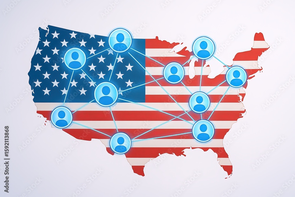 Poster united states map with interconnected icons representing communication and technology.