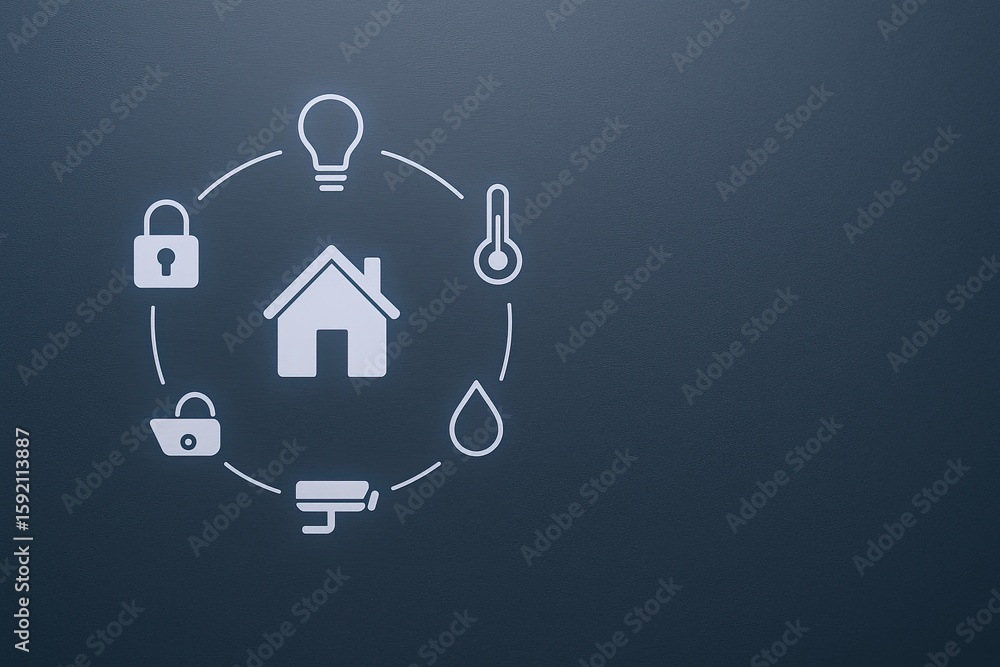 Poster modern smart home security system icons with lock light bulb thermometer water drop and camera.