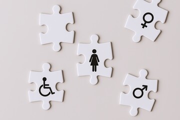 Set of five white puzzle pieces with gender symbols including female male accessibility and equality icons on plain background.