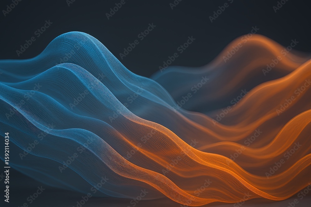 Poster abstract flowing waves with vibrant blue and orange colors creating a dynamic visual effect.