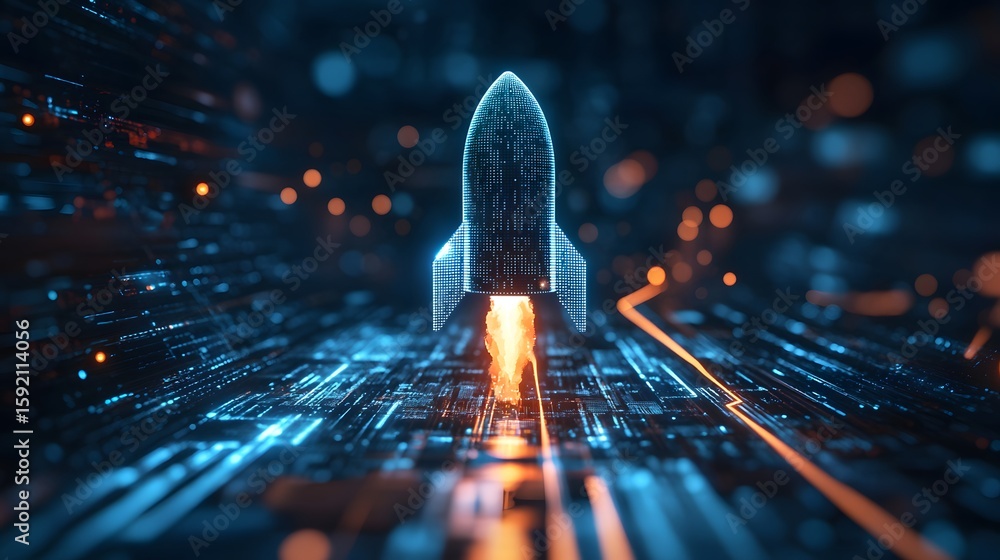Aufkleber digital rocket launch: a dynamic rocket ascends through a matrix of digital pathways, showcasing the