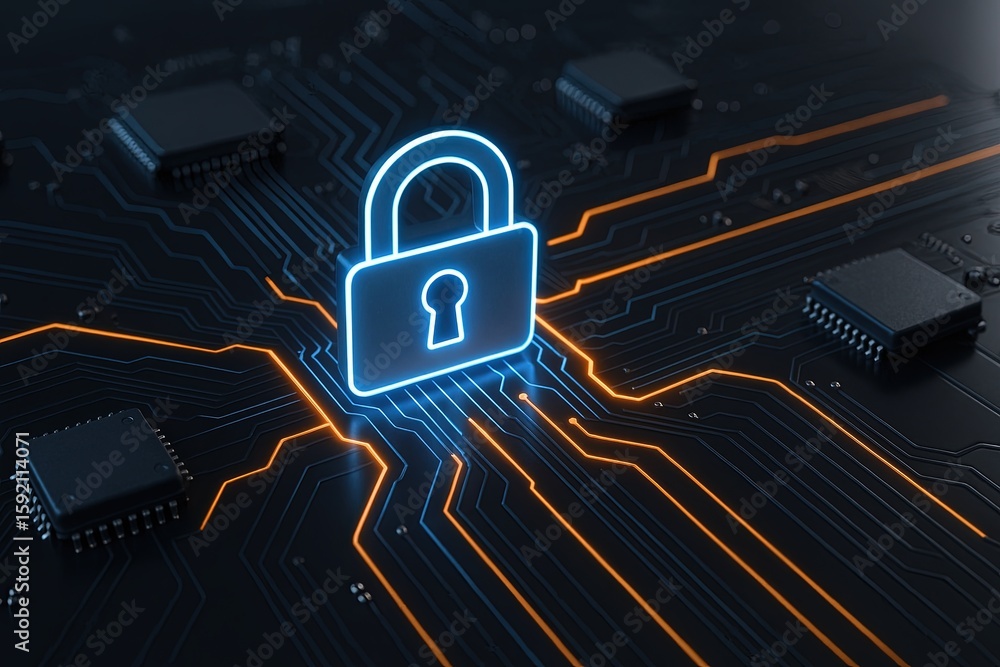 Poster digital security concept with neon lock symbol on circuit board background.