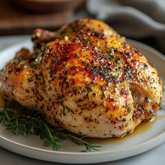 A close up of a roasted chicken with herbs on a white plate ready to be served for dinner time