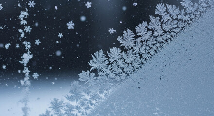 Snowflakes and Frost Patterns on Window Glass.
Close-up of snowflakes and frost patterns on a window during winter snowfall.
