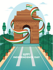 Happy Independence day celebration background design with tricolor flag and india gate. Vector Illustration.