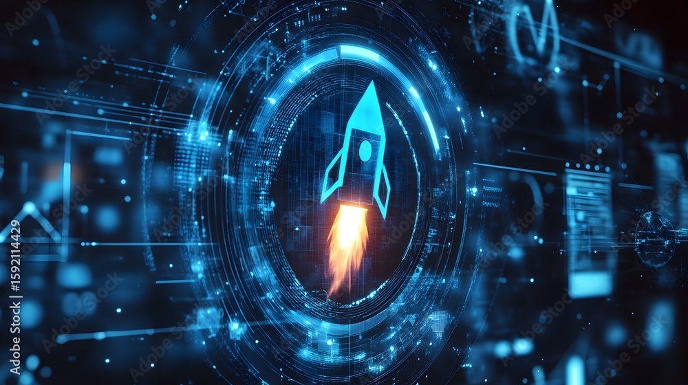 Aufkleber digital rocket launch: a dynamic graphic depicting a rocket launching within a futuristic digital en