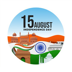 Happy Independence day celebration background design with tricolor flag and indian tourist places. Vector Illustration.