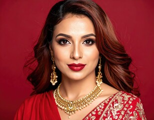 Woman in red sari, elegant makeup