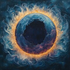 Abstract celestial body with a dark center surrounded by swirling clouds and golden light