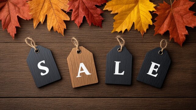 Autumn leaves flat lay with sale labels and discount tags seasonal warmth on rustic wood background