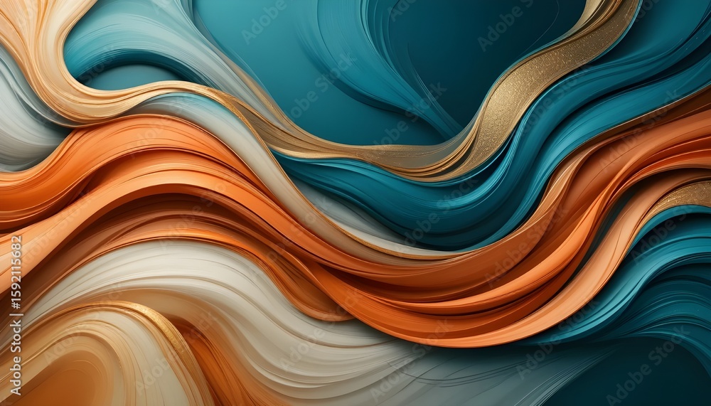 Poster abstract flowing waves of teal orange and gold creating a dynamic and elegant composition art piece