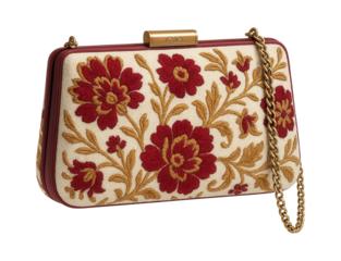 Embroidered clutch with a detachable chain strap and clasp closure