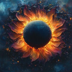 A dark sphere surrounded by fiery petals in a cosmic setting with dark blue nebula clouds around it