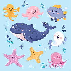 Obraz premium Cute underwater animals in pastel tones, perfect for summer-themed DIY printables, craft sets, kids activities and marine-inspired cutouts