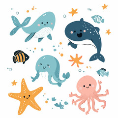 Soft cartoon marine animals with joyful expressions, designed for baby product packaging, kids labels and seasonal summer branding