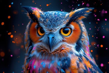 A close up of an owl with colorful paint splatters and bright yellow eyes on a dark background