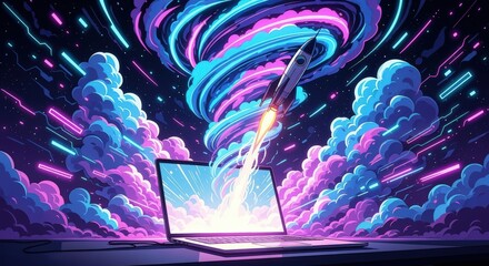 Rocket launch from laptop screen, neon clouds, digital technology concept, startup.