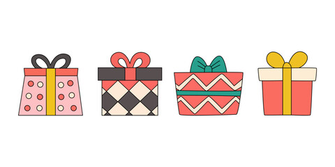 Four colorful gift boxes showcase festive designs for holiday season