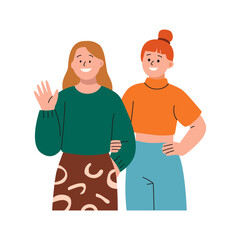 Two happy girls, one waving, standing together.