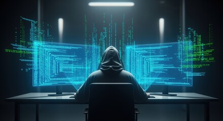 Hooded hacker working on a computer, coding and cyber security concept.