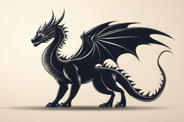 A majestic black dragon standing tall with its wings spread on a light beige background art illustration