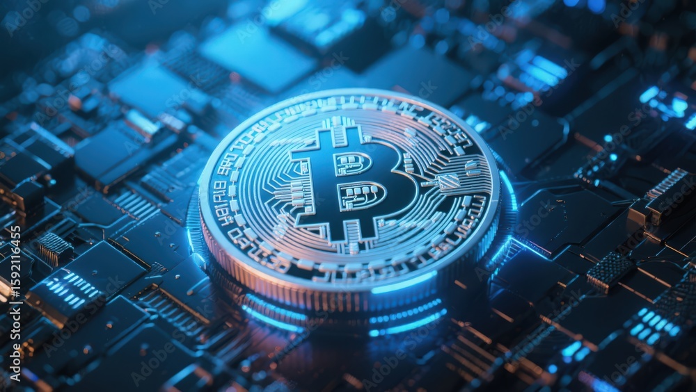 Poster bitcoin cryptocurrency coin on computer circuit board. digital currency concept.