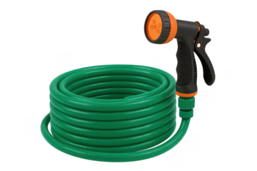 Green Garden Hose Coiled with Spray Nozzle on Transparent Background