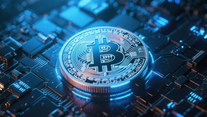 Bitcoin cryptocurrency coin on computer circuit board. Digital currency concept.