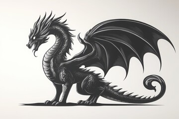 Illustration of a black dragon with large wings standing on a white background with a curled tail