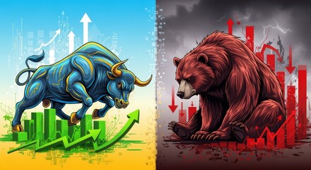 Bull and bear market concept. Financial investment, stock market, and economic trends.