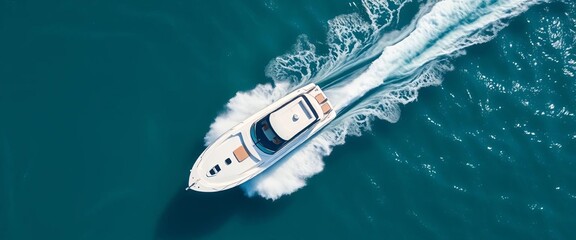 Sleek white speedboat cuts through vibrant blue ocean, diagonal aerial view, aerial, fast