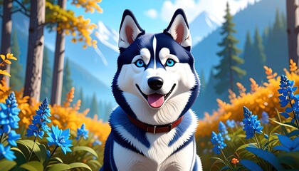 Digital illustration of a husky dog in a vibrant forest setting