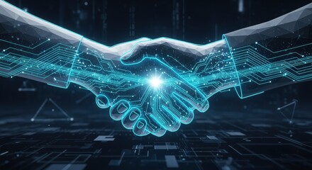 Digital handshake illustration. Concept of partnership, technology, and business agreement.