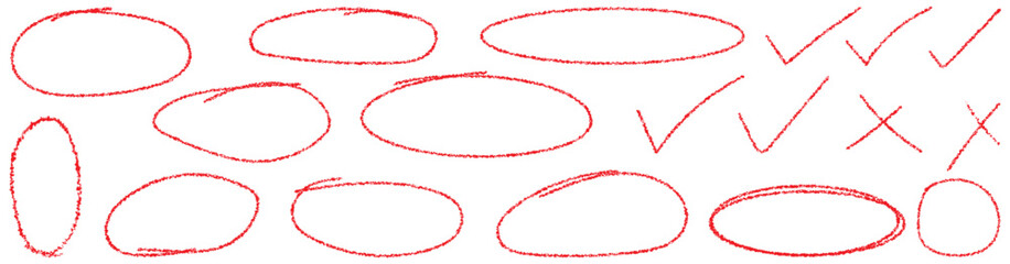 Hand-drawn doodle grunge circle for highlights, scribble ovals and bubbles to circle and highlight text, Round scrawl frames. Red round rough thin frames. Vector elements for hand drawn diagrams.