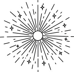 Obraz premium Celestial burst design featuring a sun symbol with radiating lines and stars, perfect for cosmic themes and spiritual designs.