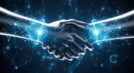 Digital handshake with glowing network connection, business agreement concept.